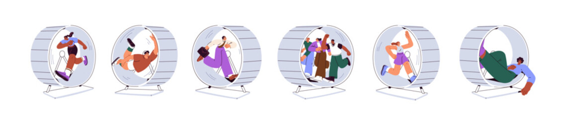Poster - People rushing, hurrying in hamster wheels. Endless work, businesses, rat race, repetition concept. Workers in eternal process, cycle. Flat graphic vector illustrations isolated on white background