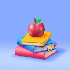 Wall Mural - 3D Red Apple on Stack of Paper Books Isolated. Render Pile of Books with Apple Icon. Educational or Business Literature. Reading Education, Literature, Encyclopedia, Textbook. Vector Illustration