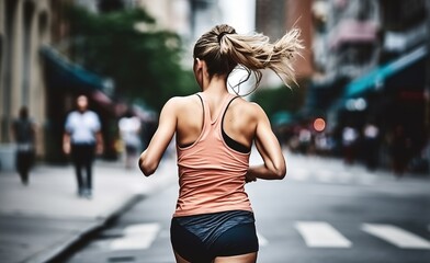 Wall Mural - Woman running on City street at the morning. Generative AI