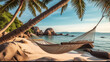 A hammock, hanging from a palm tree on a beach with a rock in the background. Generative AI