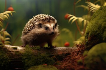 Wall Mural - hedgehog exploring a forest, fantasy illustration, generated with ai