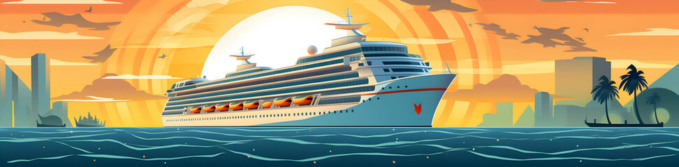 cruise ship in sea with mountains at sunset panorama, illustration