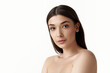 © master1305 - Beautiful young brunette woman with straight hair and well-kept smooth skin posing against white studio background. Concept of natural female beauty, body and skincare, cosmetology, health, ad