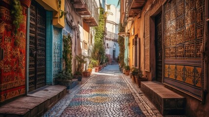 Street view of a Moroccan alley with colorful houses. Generative AI