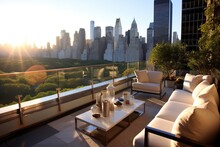 Penthouse Terrace With View In New York, Generative Ai