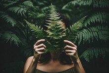 A Woman Covering Her Face With Fern Leaves In Front Of Her, Surrounded By Green Foliage And Dark Forest Background