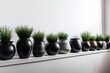 On a white shelf, a line of pots is seen. Black pots with fake grass in front of a white wall. Copy space. Generative AI