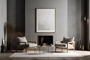 Wall Mural - On the inside living room's grey wall, there are two empty canvases. Fireplace, coffee table, two comfortable armchairs, and trendy lamp. floor made of concrete. a notion for a contemporary home desig