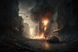 A burnt city street with no one on it. Burning street after the explosion. AI generated
