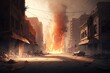 A burnt city street with no one on it. Burning street after the explosion. AI generated