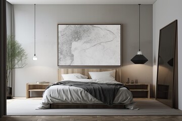 Wall Mural - Poster on the wall close to the bedroom's interior, which features a bed with nightstands, two hanging lamps, and light parquet. a notion for a contemporary home design. Generative AI