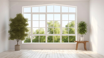 Wall Mural - White empty room with summer landscape in window. Scandinavian interior design. 3D illustration. Generative AI