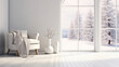 © Gasspoll - White room with chair and winter landscape in window. Scandinavian interior design. 3D illustration. Generative AI