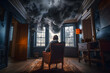 Man sits on a chair in an empty room with a cloud near the ceiling. A person is in the clouds, a clouded mind, loneliness is lost, society. Generative AI.
