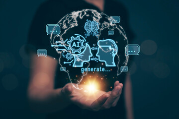 Fototapete - Chatbot chat with AI artificial intelligence. Concept of using AI technology to help work in order to work easier and faster. Future technology development business