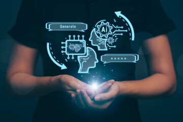 Fototapete - Chatbot chat with AI artificial intelligence. Concept of using AI technology to help work in order to work easier and faster. Future technology development business