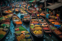 Fruit And Vegetable Market On Boats In Thailand. Generative AI.
