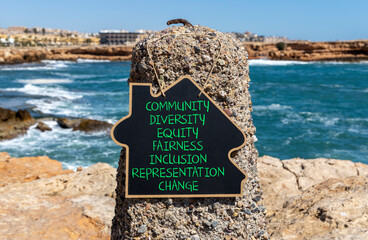 Diversity inclusion symbol. Concept words Community Diversity Equity Fairness Inclusion Representation Change on blackboard on a beautiful stone background. Diversity equity inclusion concept.