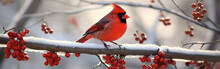 Vogelfotografie, Roter Kardinal Im Schnee Auf Einem Roten Beerenbaum, Schöne Beleuchtung, Streiflicht, Scharfer Fokus, Bokeh. Winter-Weihnachtsthema: Generative KI
