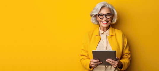 Happy Older Smiling Woman Holding a Tablet on a Yellow Banner with Space for Copy