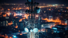 Communications Tower, Antenna For The 5G Cellular Network Atop A In A Nighttime Metropolis. Generative AI