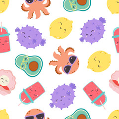 Wall Mural - seamless pattern with fishes and fruits characters