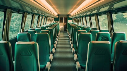 Luxury bus interior with rows of comfortable seats.