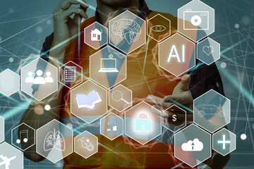 Fototapete - Ai tech, businessman show virtual graphic Global Internet connect Chatgpt Chat with AI, Artificial Intelligence. using command prompt for generates something, Futuristic technology transformation