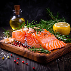 two salmons on a wooden cutting board with herbs and spices in the photo is taken from above to the image