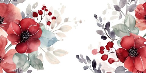 Wall Mural - watercolor red and green flowers background Generative AI