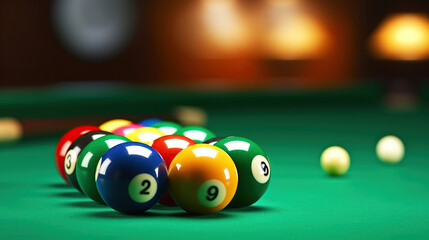 Billiard balls in a green pool table, billiard game. Generative AI