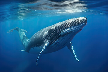  a humpback swimming in the ocean with it's head above the water and its tail sticking out