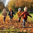 © Irina - Happy children play on a nature walk outdoors between trees with autumn colored leaves, generative AI.