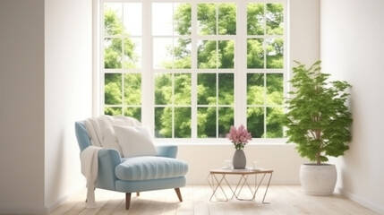 Wall Mural - Scandinavian interior design. 3D illustration. Stylish room in white color with armchair and green landscape in window. Generative AI