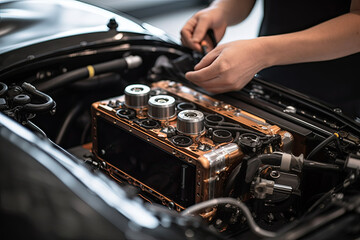 a car's engine with the hood up and two hands on it, as if you want to do not