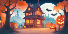 Halloween Poster With A Cute Witch House, Pumpkins And Mice In The Night Sky On The Background Of The Moon. Ai Generation