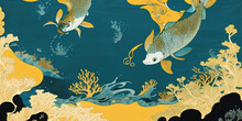 Background With Sea Fish, Coral And Seaweed, Illustration In Blue And Orange Colors, Panel With The Ocean, A Picture Of The Underwater World. Generation Ai