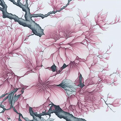 Floral background with sakura, illustration of delicate pink flowers on branches on white background. Generation ai