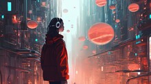Close Up Girl Portrait With Sci-fi Fantasy Cityscape As Background, Generative Ai