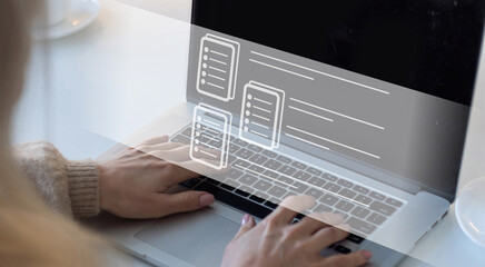 Poster - business technology hologram business icon virtual screen. A man typing hologram screen. technology virtual screen laptop, document, cloud office storage.