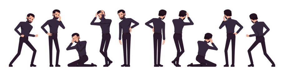 Wall Mural - Business consultant negative emotion male set, handsome latino man different standing poses. Office worker, manager in black turtleneck. Vector flat style cartoon character isolated, white background