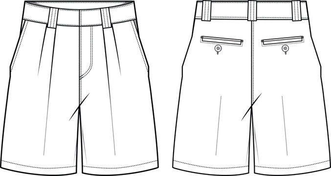 Men's formal Sartorial chino shorts front and back view flat sketch fashion illustration