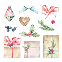 Watercolor set of Christmas gift boxes and winter holiday items. Hand drawn illustration isolated on white background. New year template design for poster, card, invitation.