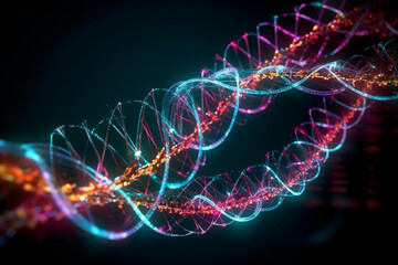 Science and technology concept. Human DNA and quantum mechanics mix abstract colorful illustration in dark background with copy space. Generative AI