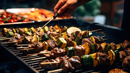 some food being cooked on a grilling pan with tongs in it's hand and someone is about to eat the meat