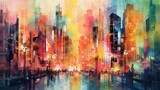 Fototapeta Nowy Jork - Watercolor of vibrant city streets pulsate with energy, a tapestry of colors and sounds that ignite the senses. Generative AI