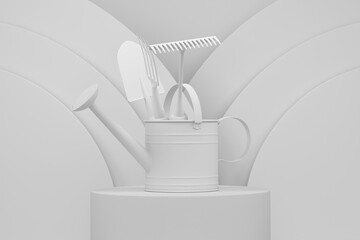 Wall Mural - Watering can with garden tools on cylinder podium with step on monochrome