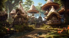 Mushroom Houses, A Fabulous Magical Forest Village Of Fairies And Gnomes. Fantasy Illustration. Generative AI
