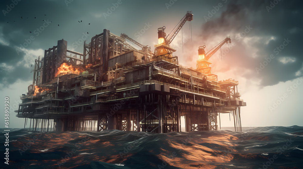 Стокова ілюстрація Oil rig burning, Gas fire explosion on at sea water ...