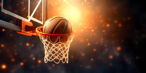 Wall Mural - Banner sports tournament Basketball, ball on dark background court, copy space. Generation AI